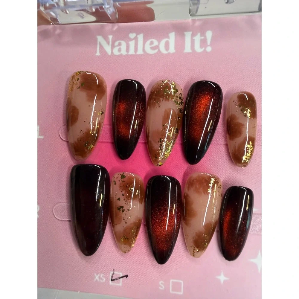 Nailed It! Press On Nails XS Burgundy Cat Eye Gold Flake Marble Almond Shape